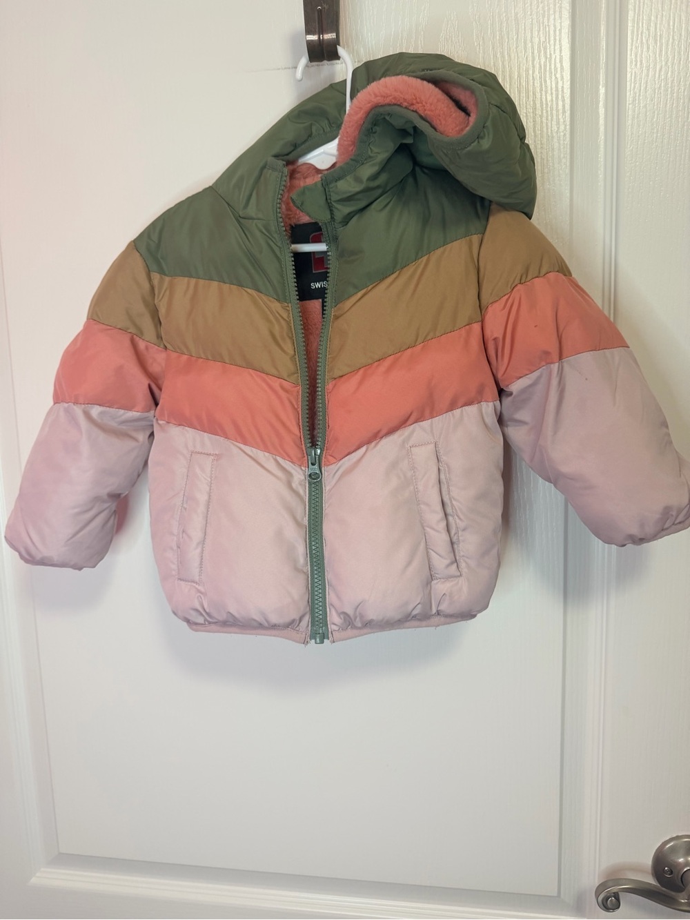 Swiss Tech Kids Colorblock Puffer Jacket in Olive, Coral & Blush